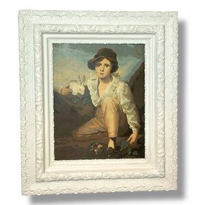 Antique Victorian Picture‎ Frame Carved Wood Painting Boy Rabbit Paint By Number